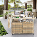 Outdoor Bar Table, Wicker Bar Cart with Cabinet, Patio Serving Cart with steel Top, with one ice bucket,Lockable Wheels, Side Basket for Garden, Poolside & Backyard, Beige