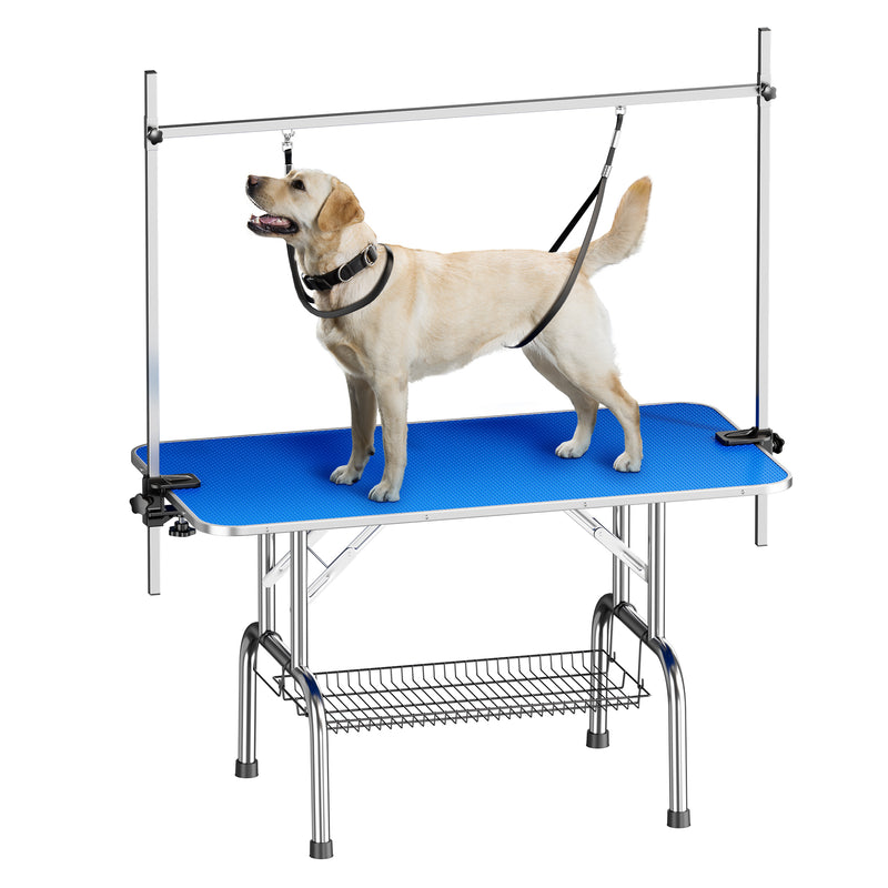 LEHUOCW Grooming Table, Adjustable Cat Drying Desktop with Arms, Nooses, Mesh Tray, Foldable Pet Station at Home, Maximum Capacity Up to 330Lb, 45inch, bulue