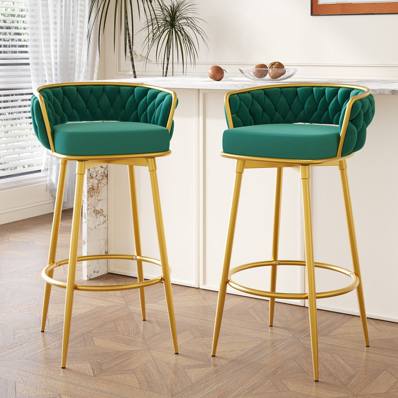 Swivel Counter Height Bar Stools Set of 2, 31.5' Bar Height Stools with Hand-Woven Backrest & Gold Metal Legs, Modern Low Back Upholstered Kitchen Chairs with Footrest for Island, Dining Room,Green