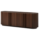 Mid Century Wood Grain TV Stand with Fluted Tambour-Style Door for TVs up to 70', Farmhouse Media Console with Adjustable Shelves, Curved Edge TV Cabinet with Cable Management for Living Room, Walnut