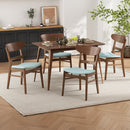 Mid-Century Modern 5-Piece Dining Set, Rubberwood Frame, One Table and 4 Upholstered Chairs, Walnut + Mint