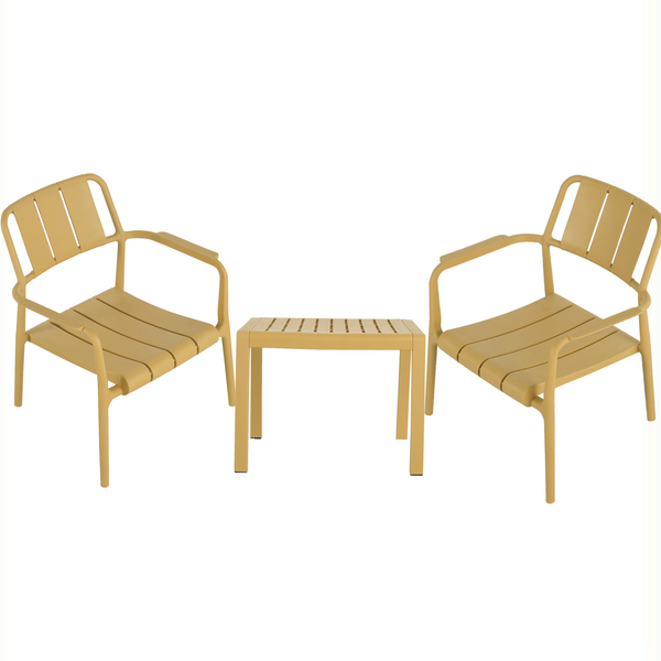 Three-piece indoor/outdoor leisure table and chair set (two chairs and one coffee table), UV-resistant, waterproof and durable, brick yellow, 25*20.47*27.56 (in)/19.69*19.69*14.96 (in), Polypropylene.