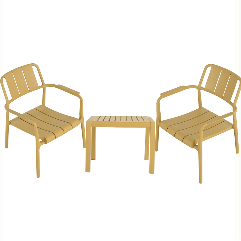 Three-piece indoor/outdoor leisure table and chair set (two chairs and one coffee table), UV-resistant, waterproof and durable, brick yellow, 25*20.47*27.56 (in)/19.69*19.69*14.96 (in), Polypropylene.