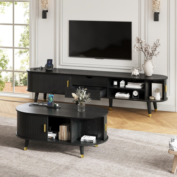 Wooden Farmhouse TV Stand & Coffee Table Set with Charging Station, Oval Fluted Media Console with Sliding Doors for TVs up to 80', Mid-Century Center Table with Solid Wood Legs for Living Room,Black