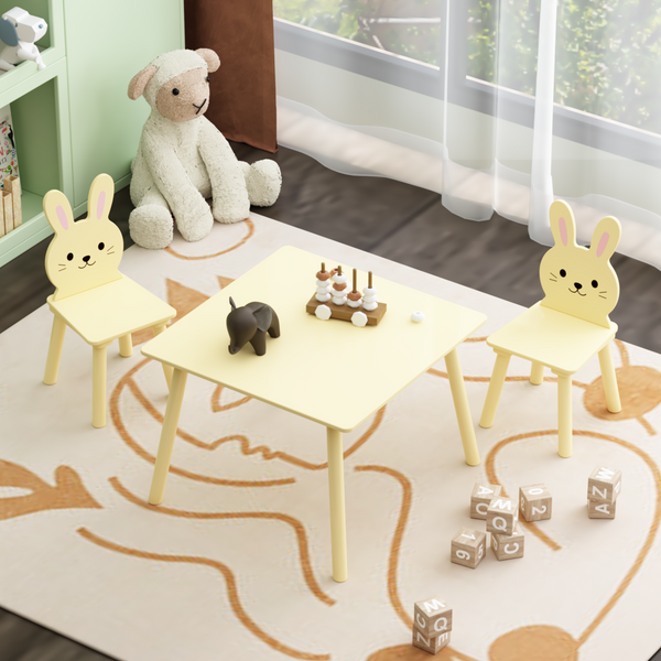 Kids Table and Chair Set with 2 Bunny Chairs, Children's Wooden Activity Table for Toddlers, Cute Animal Design Study Play Set for Playroom, Bedroom, Classroom - Cream Yellow