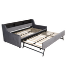Twin Size Daybed with Trundle, Upholstery Daybed with LED Light ＆ Charging Station, Velvet Day Bed with Wood and Metal Frame
