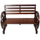 2-Person Wooden Wagon Wheel Bench for Backyard, Patio, Porch, Garden, Outdoor Lounge Furniture w/Rustic Country Design, Slatted Seat and Backrest - Brown