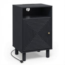 Modern Black Nightstand with Charging Station & Storage, Solid Wood Legs, 15.7 Inches Wide