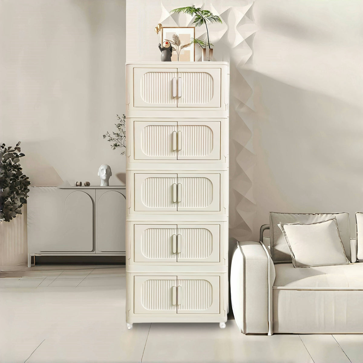 Cream White,19.69' Side Wide Folding Storage Cabinet ,5 Tiers,19.69'×1