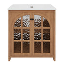 31' Vintage Rustic Bathroom Vanity with Ceramic Sink, Antique Natural Finish, Bronze Pulls, MDF & Rubber Wood Construction