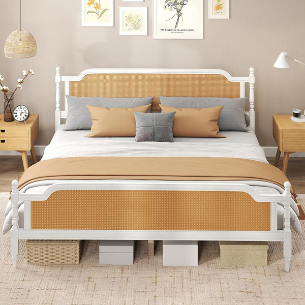 Full Size Bed Frame, Full Platform Bed Frame with Natural Rattan Headboard and Footboard, Bohemian and Mid Century Style, Solid Pine Wood
