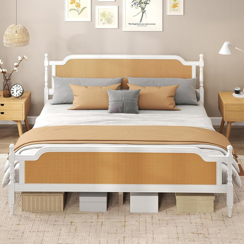 Full Size Bed Frame, Full Platform Bed Frame with Natural Rattan Headboard and Footboard, Bohemian and Mid Century Style, Solid Pine Wood