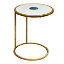 20 Inch Round Side End Table, White Marble Top with Blue Agate Stone Inlay, Gold Foil Finish Iron Frame