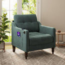 Accent Comfy Chenille Chair w/USB charging port,Mid+,Soft+,High-support Rebound Sponge,Ergonomic Wide Backrest,Retro Wooden Legs, Comfy Upholstered Arm Chair w/Side Storage for Living Room Bedroom.