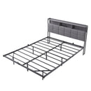 Upholstered Queen Bed Frame with LED Lights, Charging Ports & Storage Headboard, Sturdy Metal Platform Bed