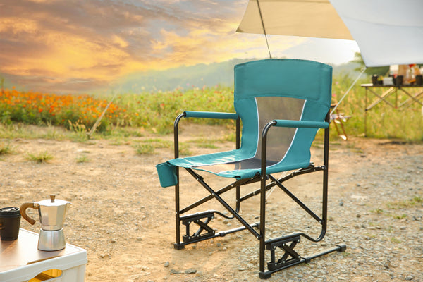 Outdoor Freestyle Rocker Camping Chair Portable Folding Rocking Chair with Solid, Durable Armrests, Drink Holder & Comfortable Backrest  -Blue