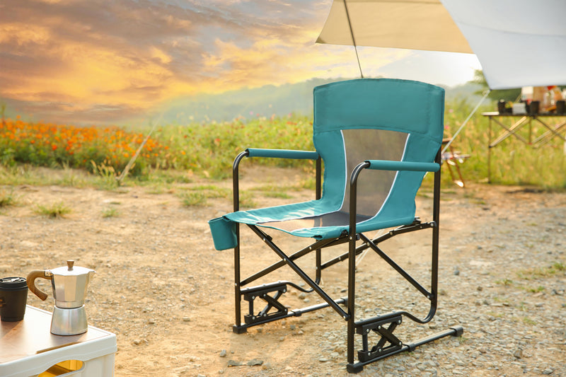Outdoor Freestyle Rocker Camping Chair Portable Folding Rocking Chair with Solid, Durable Armrests, Drink Holder & Comfortable Backrest  -Blue