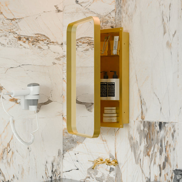 20x30 Inch Recessed Metal Framed Medicine Cabinet with Mirror and Adjustable Shelves Black Wall Mirror with Storage for Bathroom, Matte Gold