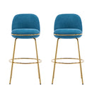 Rio Claro Indoor Metal Upholstered Barstool with Gold Finished Frame and Blue Upholstery, Set of 2