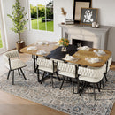 9-Piece Square Dining Table Set, Fixed Two-Tone Wood Grain & Black Wood Grain Triamine Tabletop with 8 Beige Velvet Chairs, Modern Kitchen Table Set for 8 People, Ideal for Family Gatherings