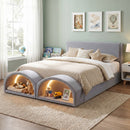 Queen Size Upholstered Platform Bed Frame with Dual Cat Caves, LED Lighted Pet Nests at Footboard, Gray