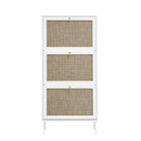 Modern Rattan 3-Door Shoe Rack Cabinet for Entryway – Freestanding White Storage Unit in Particle Board