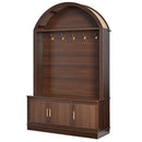 Farmhouse Fabric Arched Top Hall Tree with 5 Metal Hooks, All-in-One Mudroom Furniture with Adjustable Shelves, Mid-Century Fluted Door Entryway Bench with Wood Grain Finish for Hallway, Walnut