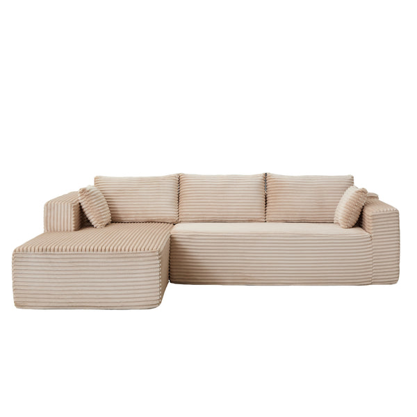 Compression Sectional Couch with Comfy Chaise, Boneless L Shape Sofa with Deep Seat, Minimalist Modular Couches Sleeper for Living Room Bedroom Apartment Lounge,corduroy,Beige