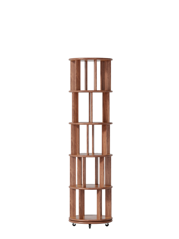 100%Solid Wood Rotating Bookshelf on Wheels,5 Tier, Round Revolving Bookcase, 360° Spinning Book Shelf Tower for Kids, Narrow Rolling Bookshelves for Small Space, Corner, Bedroom, Office, Walnut