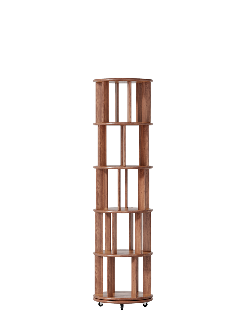 100%Solid Wood Rotating Bookshelf on Wheels,5 Tier, Round Revolving Bookcase, 360° Spinning Book Shelf Tower for Kids, Narrow Rolling Bookshelves for Small Space, Corner, Bedroom, Office, Walnut