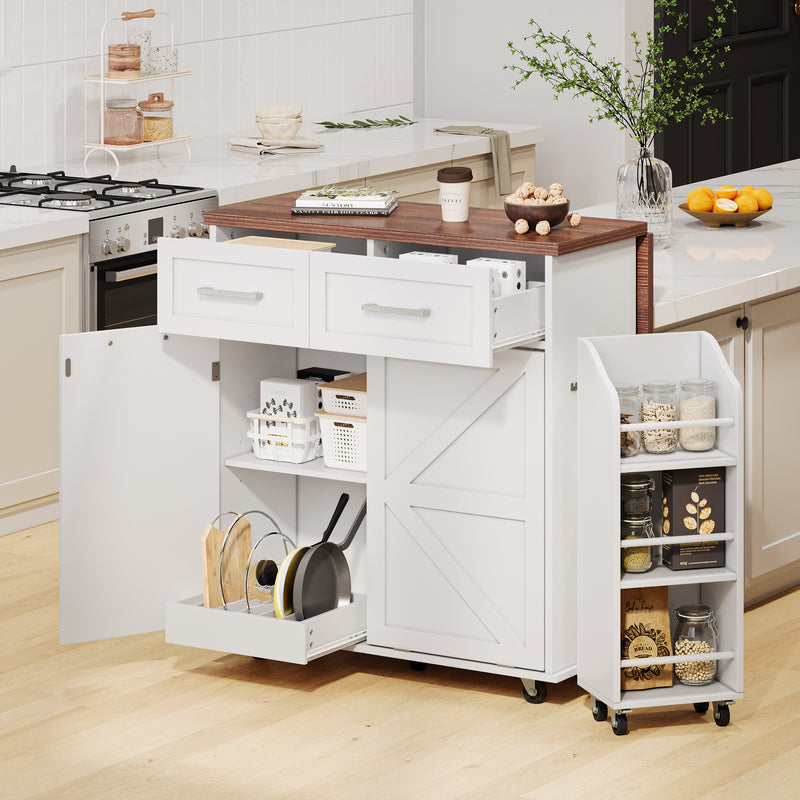 K&K 47.2' Farmhouse Kitchen Island with Drop Leaf, Kitchen Storage Island with Removable Side Racks, Two Drawers, Rolling Kitchen Cart on Wheels with Towel Rack, for Home, Kitchen, Dining Room, White