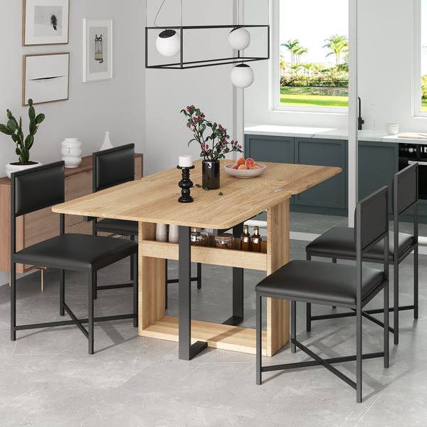 TOPMAX Modern Compact 63inch 5-Piece Extendable Dining Table Set, Foldable Square Kitchen Table Set with Storage Rack and 4 PU Leather Upholstered Dining Chairs for Small Places, Black