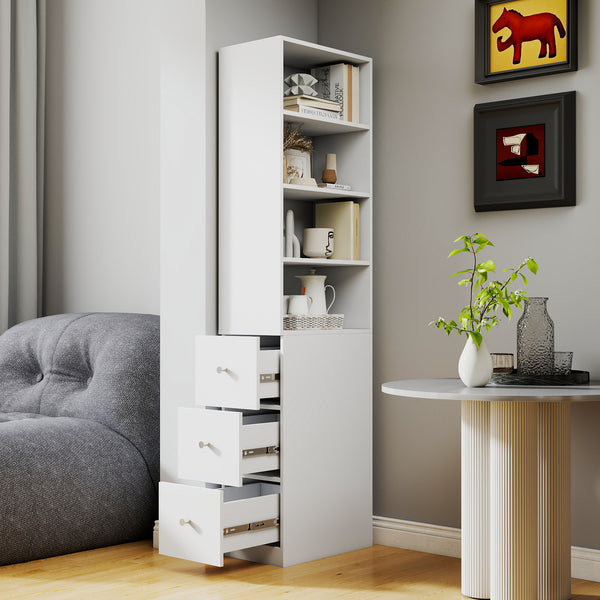 70.87' H Display Storage  Cabinet , 4-Tier Shelf, 3 Side Drawers , Modern Wooden Tall Bookshelf Bookcase for Living Room Home Office