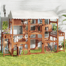 Large Outdoor Cat Enclosure Wooden Catio with 2 Plant Stands, Multi-Level Cat Playpen with Weather-Resistant Roof, Resting Box, Climbing Ramps & Wire Mesh for Backyard Patio, Brown