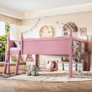Full Size Loft Bed with Full-Length Guardrails, Solid Wood Low Loft Bed with Ladders and Beside Book Shelf, Chic Shape and Low Profile Design, Pink