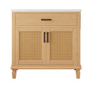 Natural Rattan Bathroom Vanity with Ceramic Sink, 36' Modern Cabinet Featuring Soft Close Drawers and Solid Wood Legs, MDF & Ceramic Construction