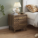 Walnut wood bedside table, double drawer bedside table with solid wood legs and gold metal handles, rounded corner end table suitable for bedroom.