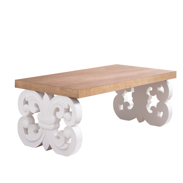 Ornate Wood Coffee Table – 47' Rectangular Farmhouse Style Table with White Carved Base and Natural Wood Top – Living Room Accent Table – Elegant Centerpiece for Modern or Traditional Decor