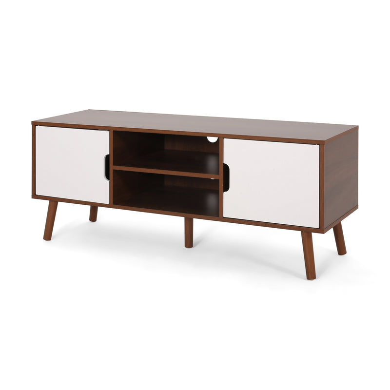 TV stand with Shelves and Splayed Legs, White and Walnut