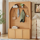 ON-TREND Farmhouse All-in-One Hall Tree with Adjustable Shelves, Retro Arched Entryway Storage Bench with 3 Cabinets, Wooden Coat Rack Organizer with 4 Golden Hooks for Mudroom, Hallway, Natural/Teak
