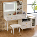 Modern Makeup Vanity Desk with Mirror and Lights, Retractable Dressing Table with Drawers and Cabinet, Compact Makeup Table Set with Power Outlet for Bedroom, White