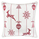 White Christmas Throw Pillow with Red Embroidered Reindeer and Snowflakes, Soft Cotton Blend Cover, 20x20 inches