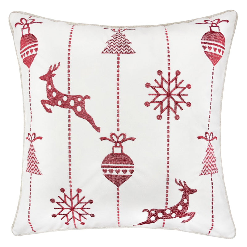 White Christmas Throw Pillow with Red Embroidered Reindeer and Snowflakes, Soft Cotton Blend Cover, 20x20 inches