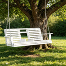 440lbs Weight Capacity 3-Seater Wooden Porch Swing, Patio Swing Bench with Folding Coffee Table, Cup Holders and Chains Included,