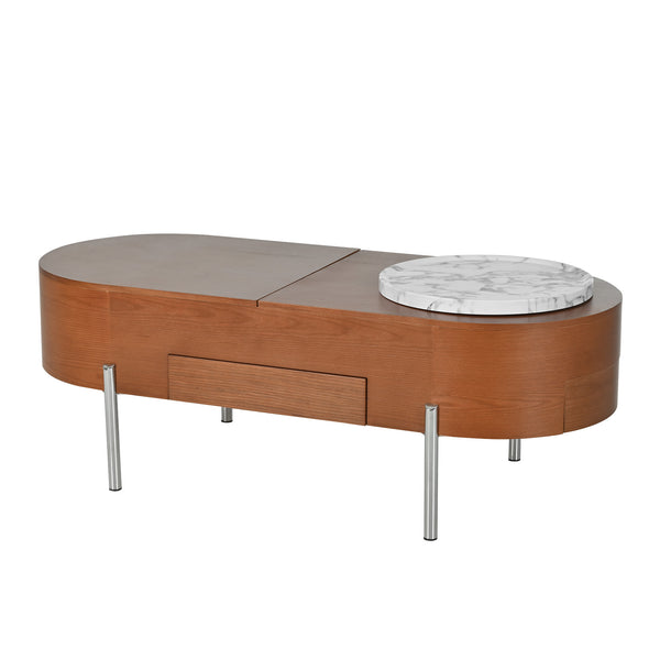 U-Can 47.2''Lift Top Coffee Table with 360-degree Marble-patterned rotating tray,Hidden Compartment, Partially Assembled Wooden Center Table, Modern Oval Lift Tabletop for Home Living Room