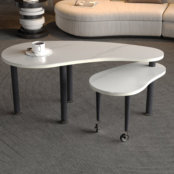 Contemporary rotatable cocktail table with solid rubber wood legs, 360 degree rotating coffee table with 6mm white sintered stone tabletop for living room, bedroom, Balcony, home office