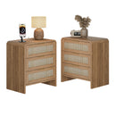 Rattan Nightstand with 3 Drawers set of 2, 22.8' Wide Curved Wooden Bedside Table, Modern Storage for Bedroom, Caramel Oak.