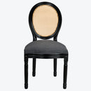 French Country Dining Chairs Set of 2, Upholstered with Rattan Round Back, Dark Grey Cotton Linen Fabric, Solid Wood Frame, Black Finish, 19.7 x 22.4 x 37.8 inches