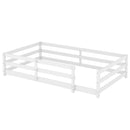 White Twin Size Montessori Floor Bed with Fence, Wooden Kids Bed for Girls and Boys, Pine Wood Frame, 77L x 42.6W x 15.7H inches