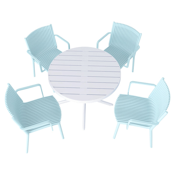 Four pcs Modern Stackable Plastic Armchair Matched  with 36 Inch Round Table,Light Baby Blue/White21.26*20.08*31.5(in) /35.43*35.43*29.53 (in),pp